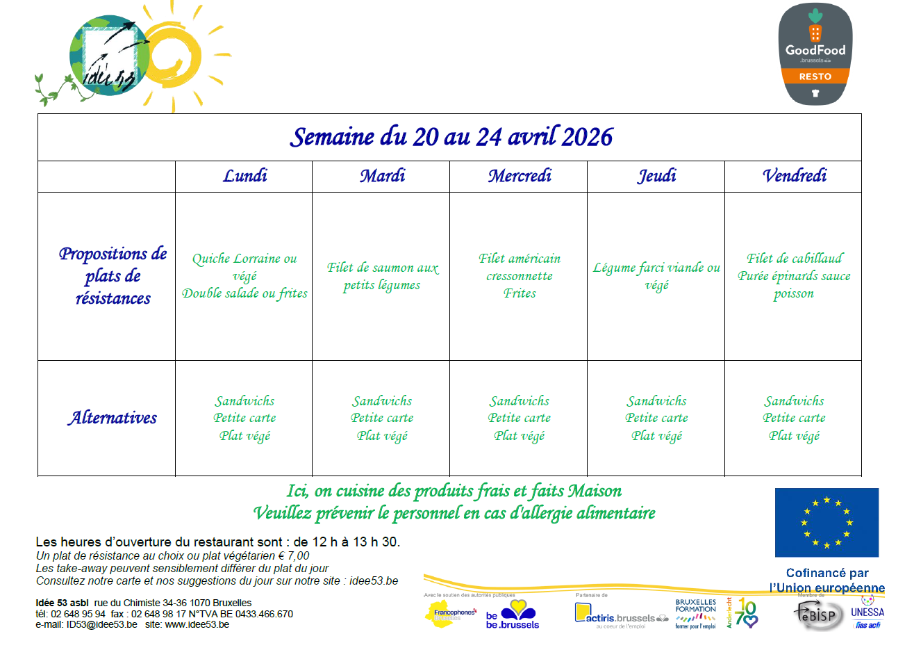 Menu de la semaine du 20 au 24 avril 2026