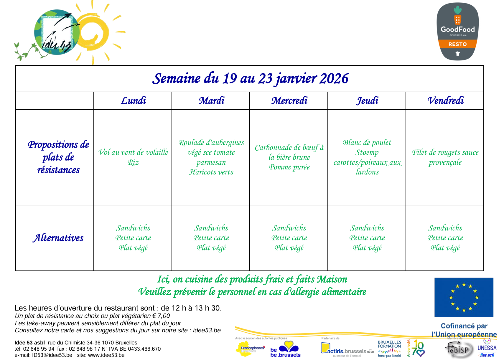 Menu de la semaine du 19 au 23 janvier