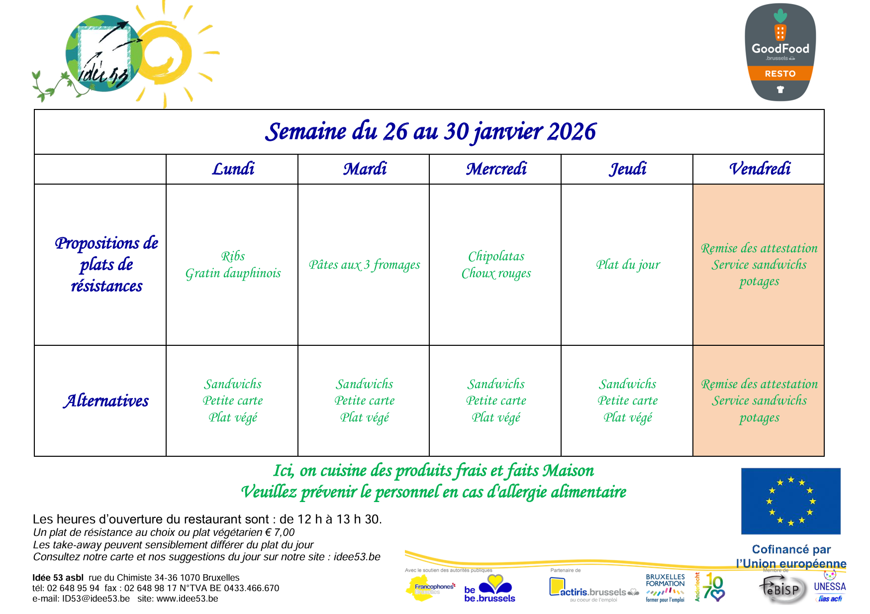 Menu de la semaine du 26 au 30 janvier